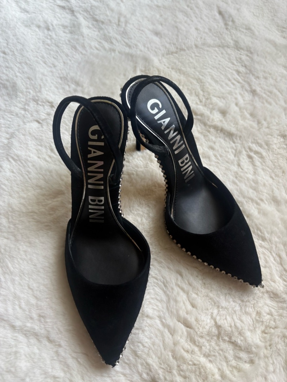 Gianni Bini Black Pointed Slingback Heels with Rhinestone Trim - Picture 4 of 6